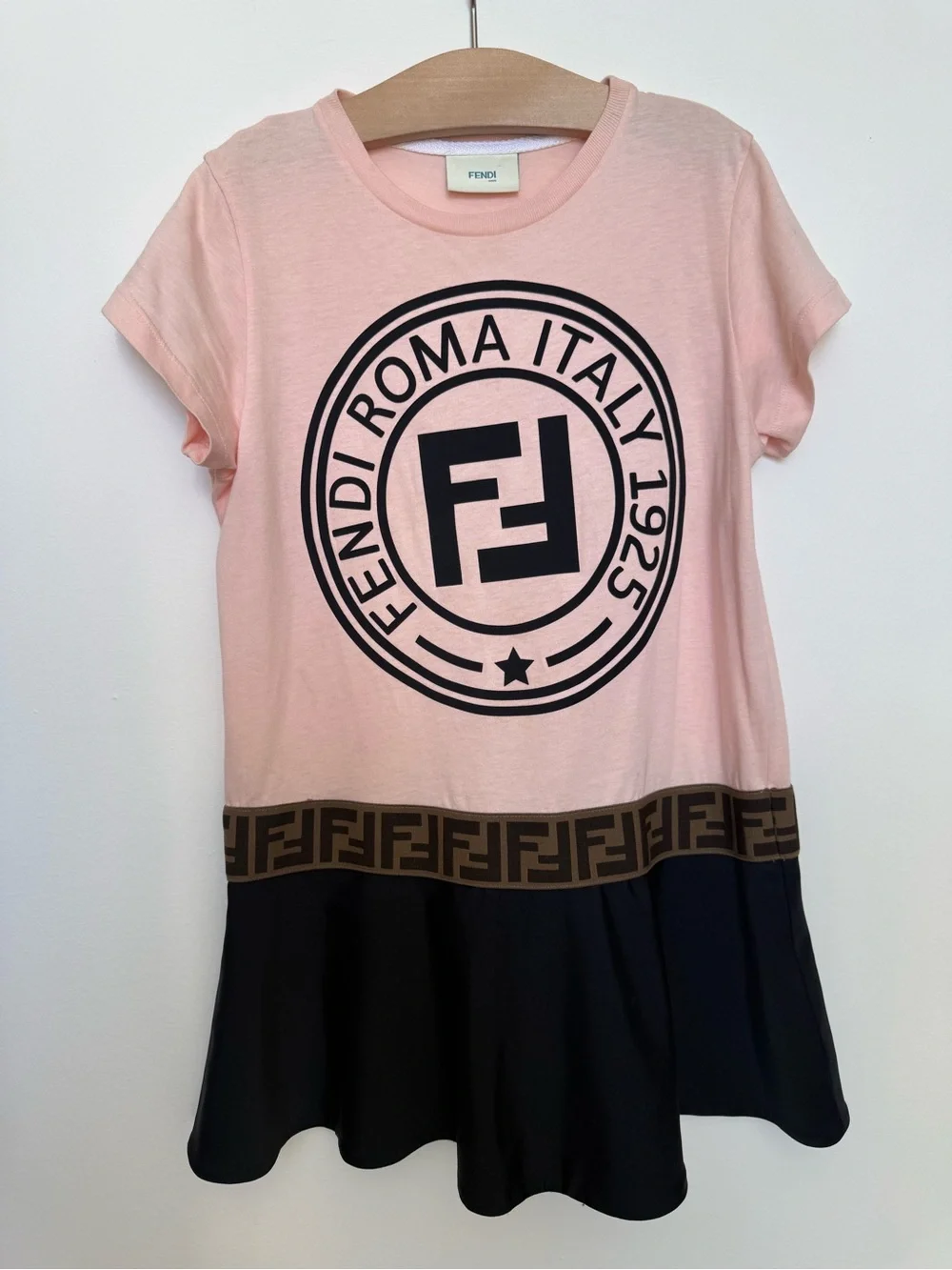 Fendi Pink and Black Logo Tee Dress with Brown FF Waistband